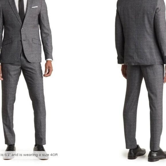 The Savile Row Co Brixton Shadow Plaid Dress Pants Charcoal Grey 34W - Picture 1 of 4